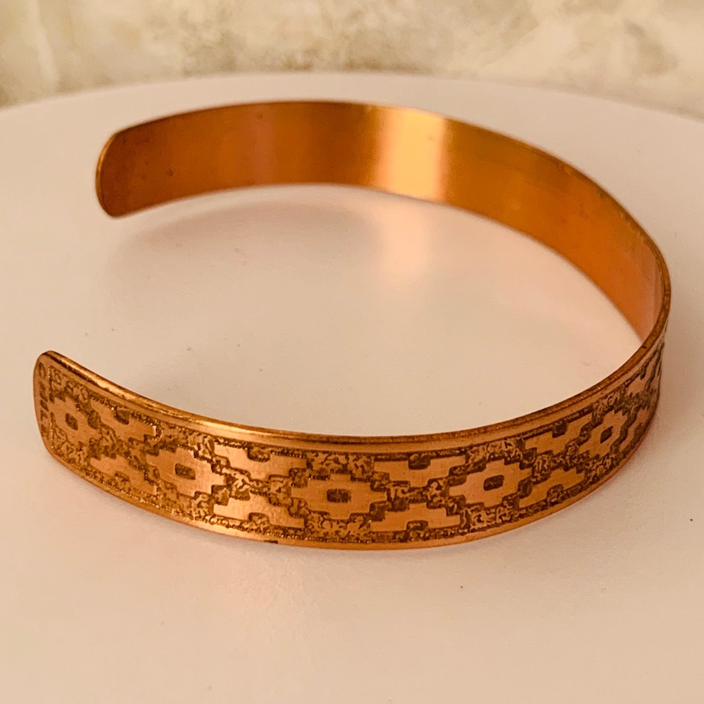 Vintage Aztec Patterned Copper Cuff Bracelet - image 6